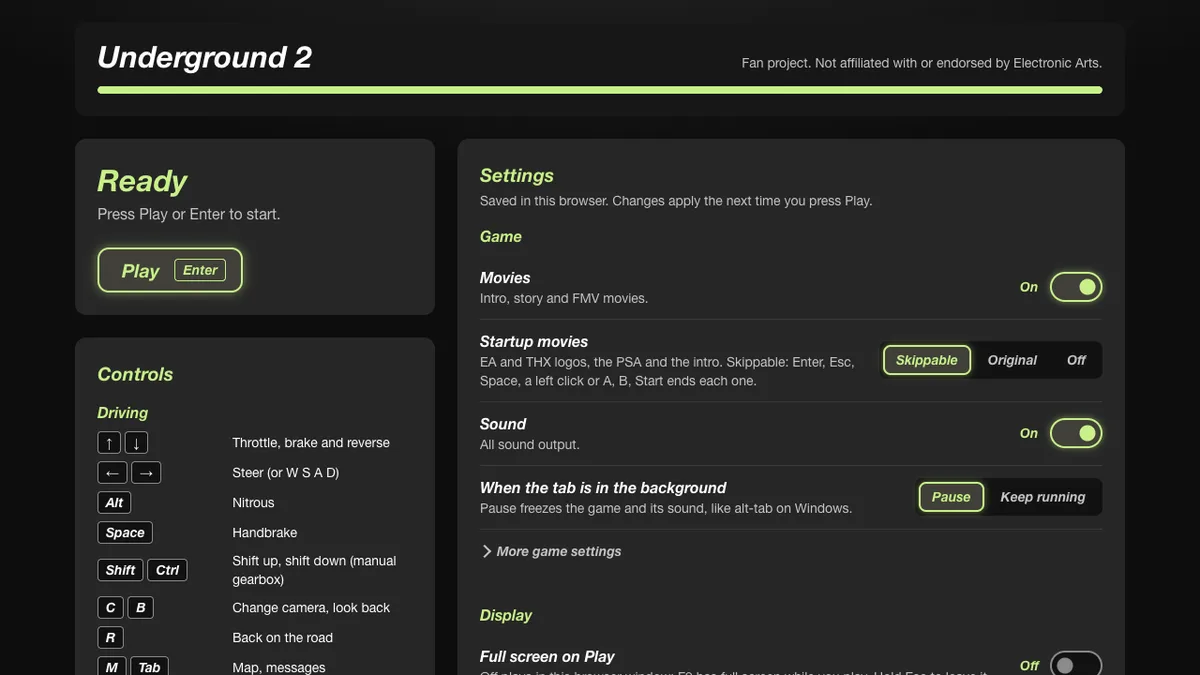 Start page interface of the nfsu2-web browser port for Need for Speed: Underground 2