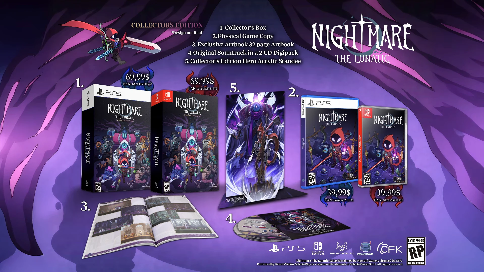 Nightmare: The Lunatic Collector's Edition contents for PS5 and Nintendo Switch (Collector's Box, physical game, 32-page artbook, 2-CD OST, and hero acrylic standee)