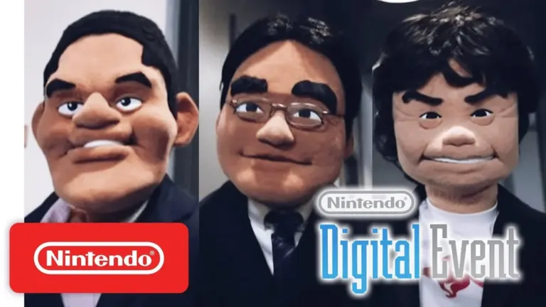 Official Nintendo Digital Event puppets of Reggie Fils-Aimé, Satoru Iwata, and Shigeru Miyamoto