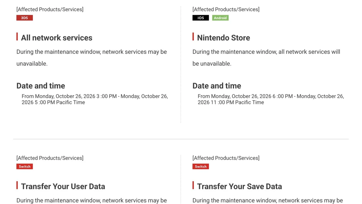 Official Nintendo Network Maintenance schedule showing 3DS All Network Services and Switch data transfer windows for October 2026