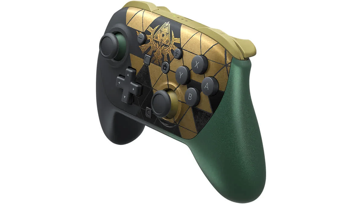 Three-quarter view of the Nintendo Switch 2 Pro Controller The Legend of Zelda 40th Anniversary Edition showing gold shoulder buttons