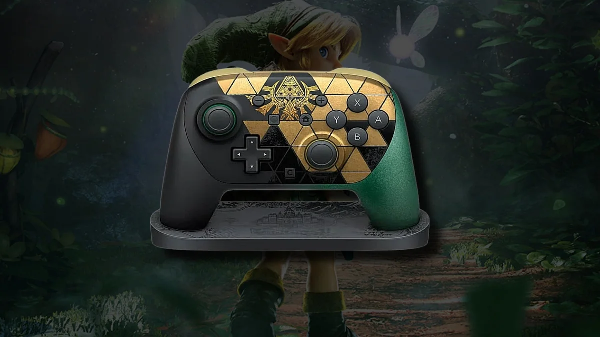 Nintendo Switch 2 Pro Controller The Legend of Zelda 40th Anniversary Edition resting on the Hyrule Castle display stand