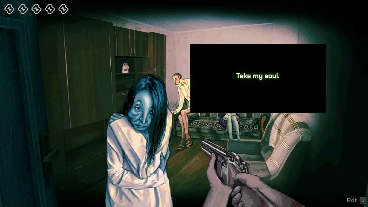 Inspecting a stranger at the door in the paranoia horror game No, I'm Not a Human coming to Xbox Game Pass