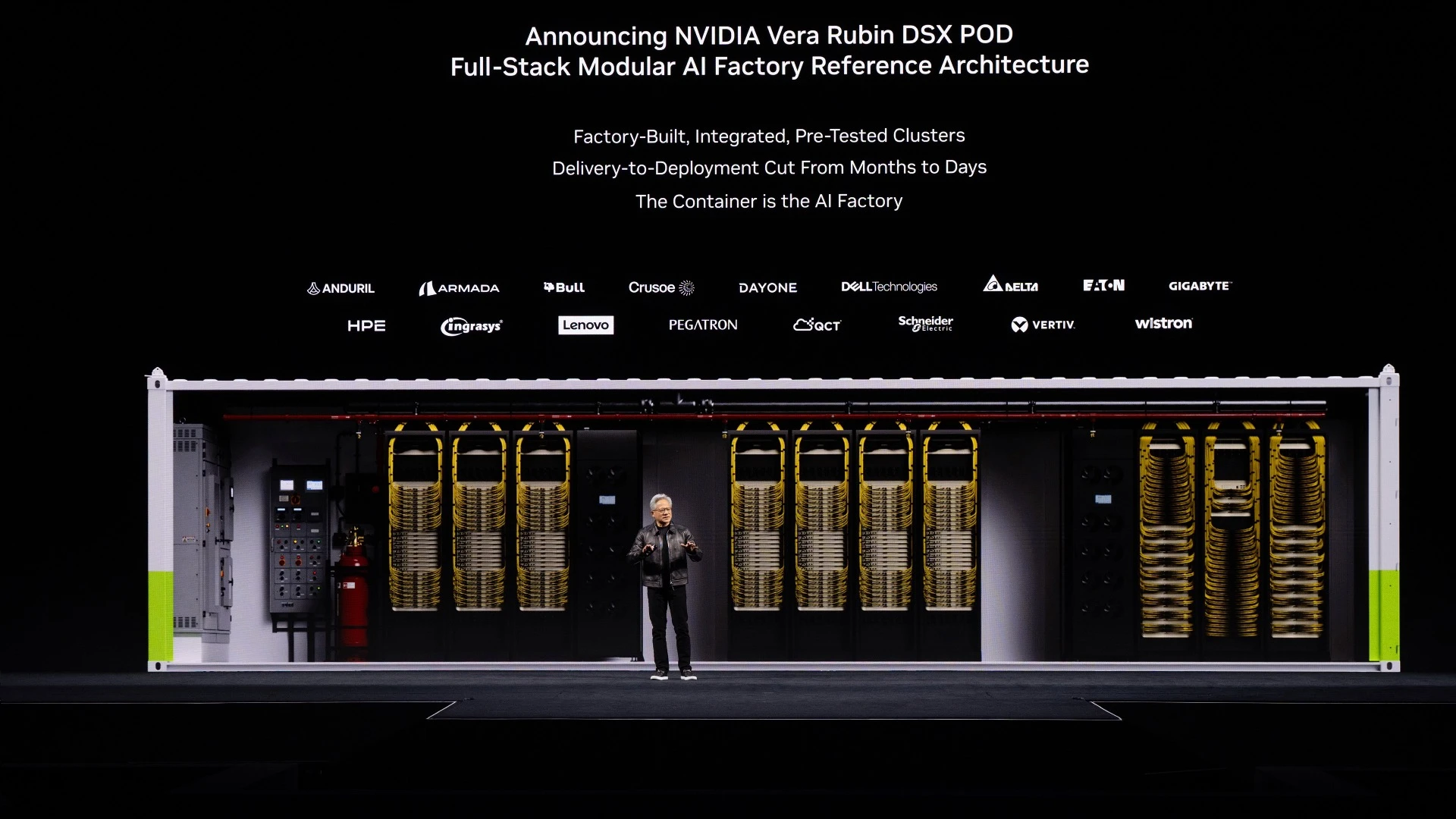 Jensen Huang unveiling the NVIDIA Vera Rubin DSX Pod modular AI factory reference architecture