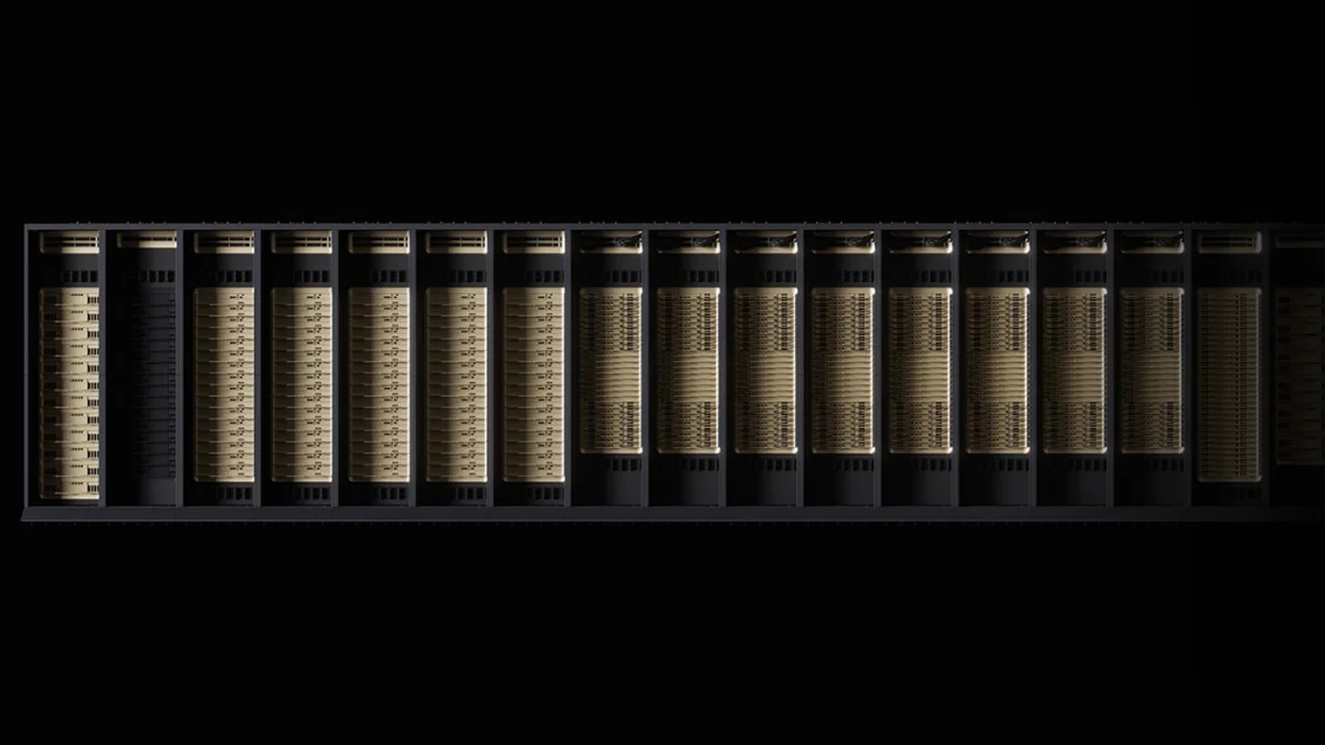 Row of NVIDIA Vera Rubin NVL72 racks housing 72 Rubin GPUs and 20.7 TB of HBM4 memory