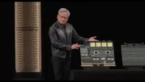 Jensen Huang showcasing the NVIDIA Vera Rubin Ultra compute tray and Kyber rack architecture
