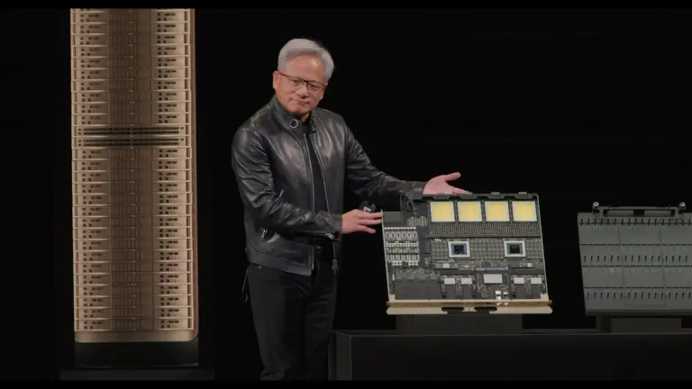 Jensen Huang showcasing the NVIDIA Vera Rubin Ultra compute tray and Kyber rack architecture