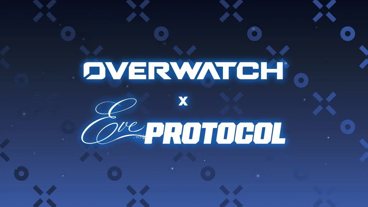 Official Overwatch x EVE Protocol logo artwork on a geometric sci-fi background by Blizzard Entertainment and Shift Up