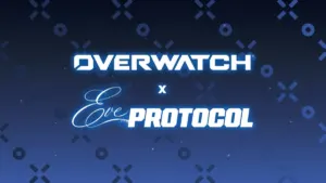 Official Overwatch x Stellar Blade EVE Protocol crossover key art showing Widowmaker as Eve, D.Va as Lily, Vendetta as Tachy, Soldier: 76 as Adam, and Freja as Raven