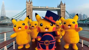 Beefeater Pikachu in front of Tower Bridge in London ahead of the permanent Pok\u00e9mon store opening