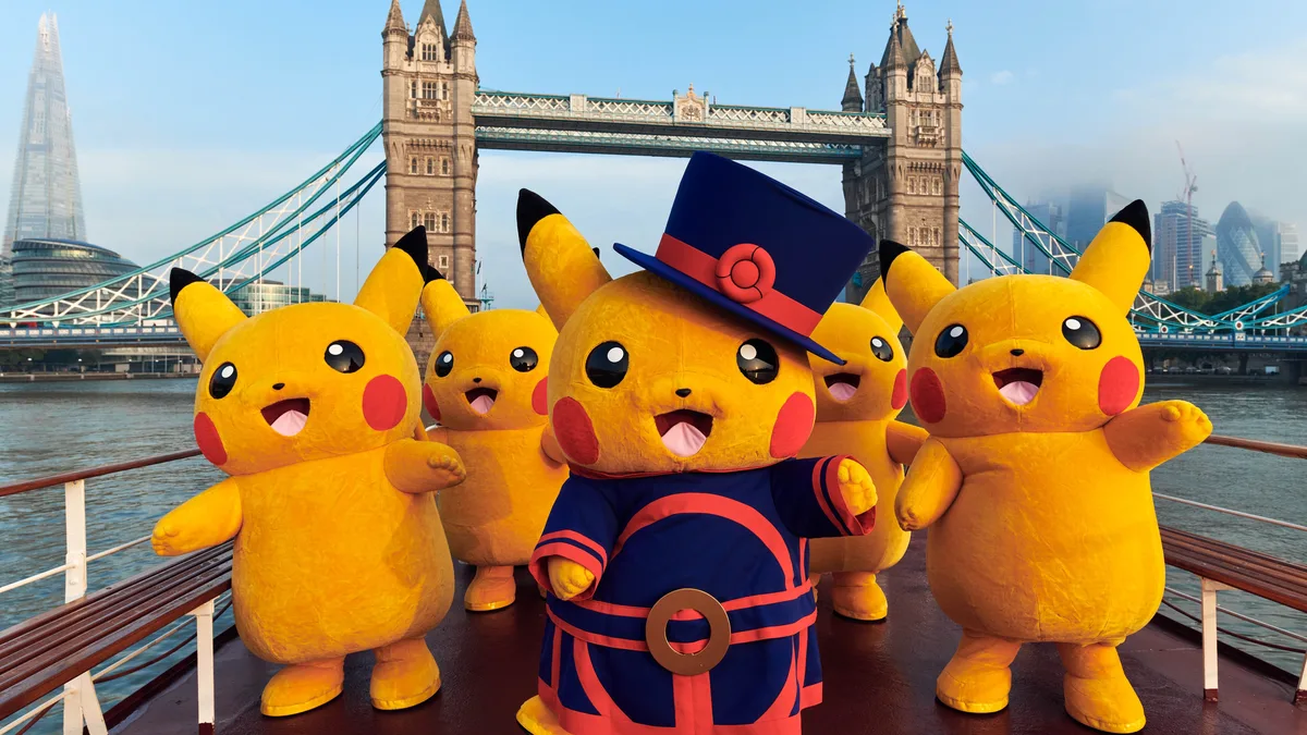 Beefeater Pikachu in front of Tower Bridge in London ahead of the permanent Pok\u00e9mon store opening