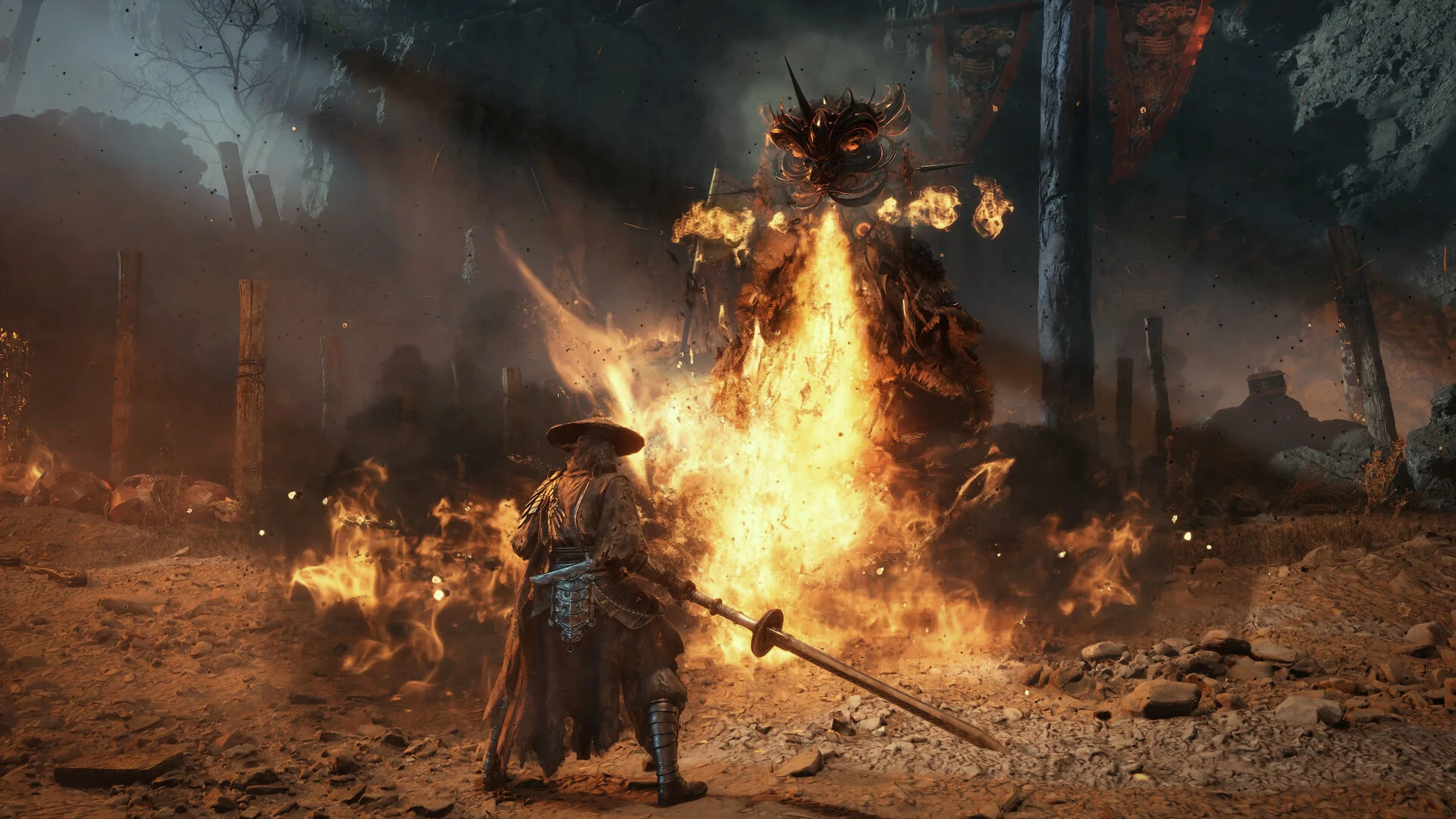 Phantom Blade Zero boss fight against a fiery boss unleashing a Killerblow attack