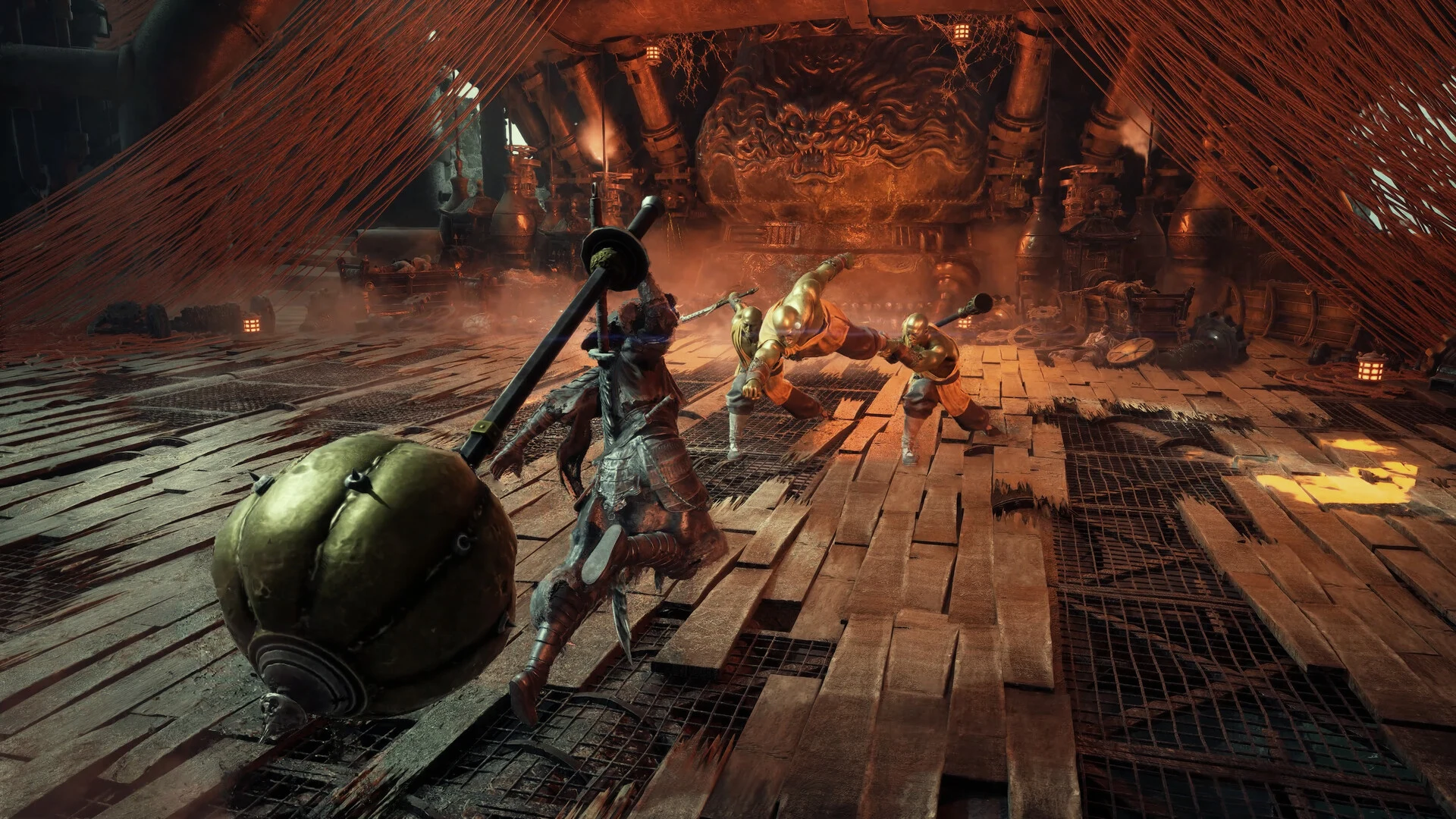 Phantom Blade Zero combat inside the Sha-Chi Tower furnace using heavy Phantom Edge weapons and puppet strings