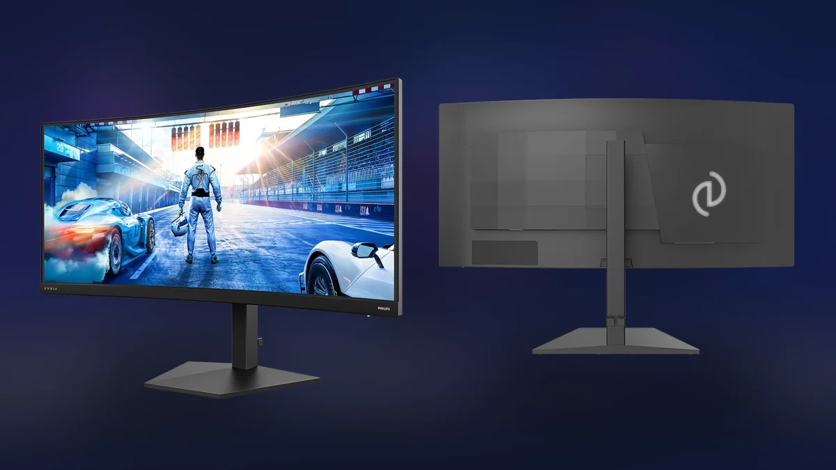 Philips Evnia 36M4C5500P 36-inch curved gaming monitor front three-quarter view and rear Iconglow RGB lighting