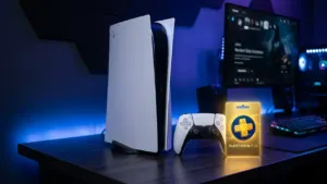 PlayStation 5 console with DualSense and PlayStation Plus membership card