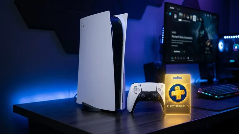 PlayStation 5 console with DualSense and PlayStation Plus membership card