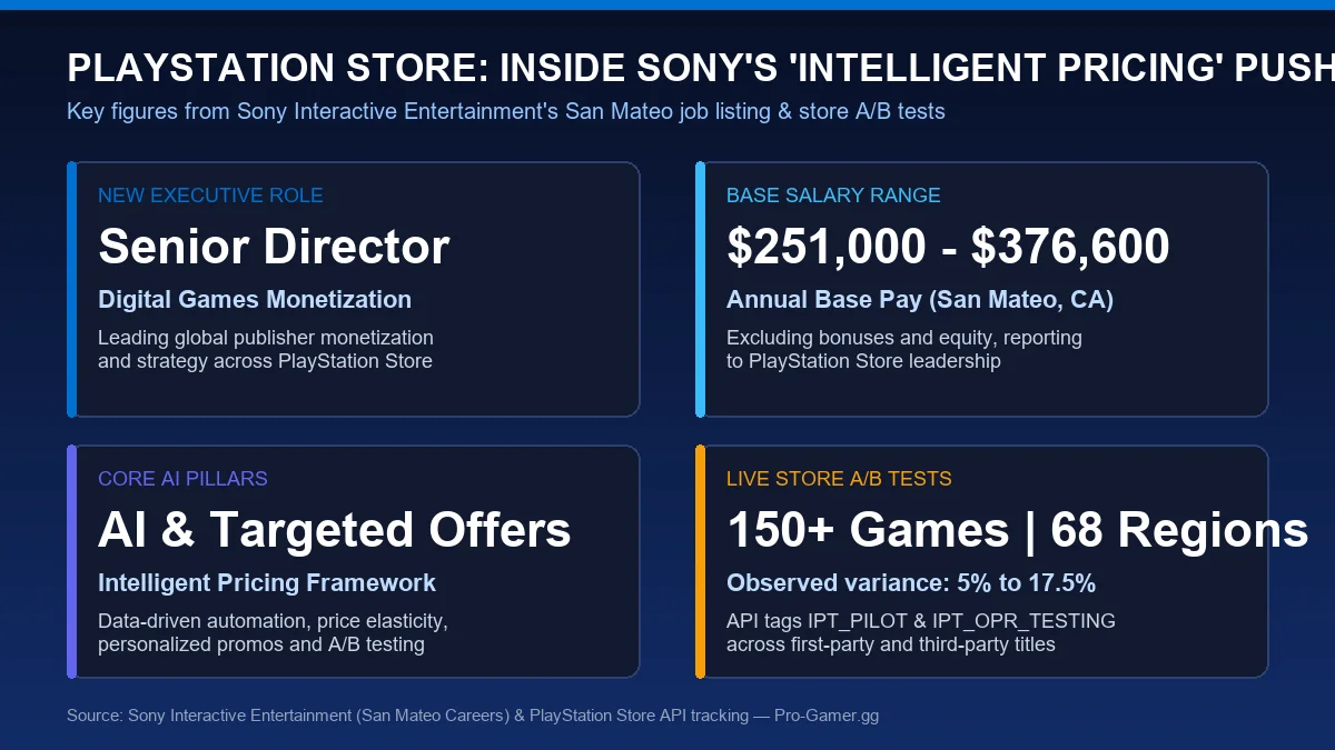 Infographic summarizing Sony Interactive Entertainment Senior Director Digital Games Monetization job listing and Intelligent Pricing on PlayStation Store