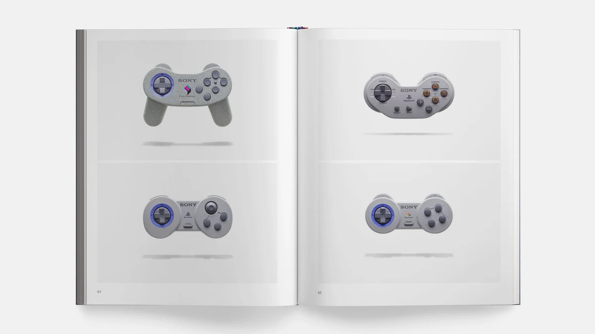 Double-page spread showcasing early controller prototypes sculpted by Teiyu Goto before the iconic dual-grip design was finalized in 1994.