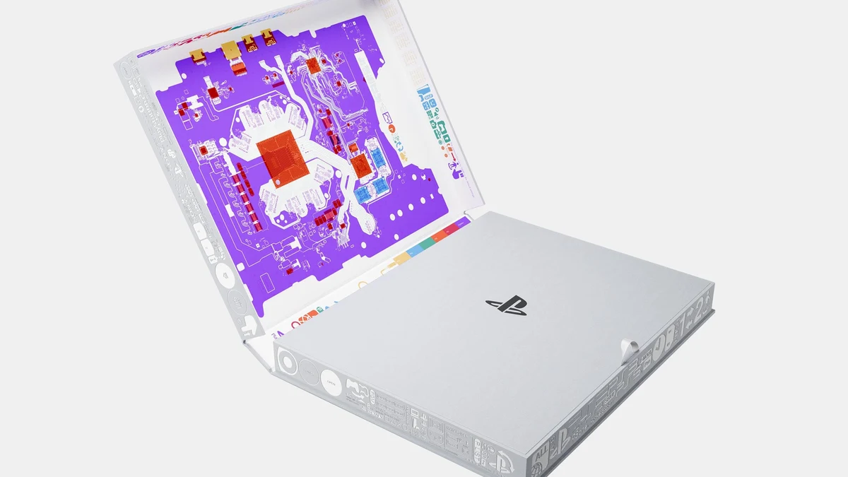 The Deluxe Edition limited to 1,994 numbered copies inside its clamshell presentation box lined with gold-on-purple PlayStation PCB traces.