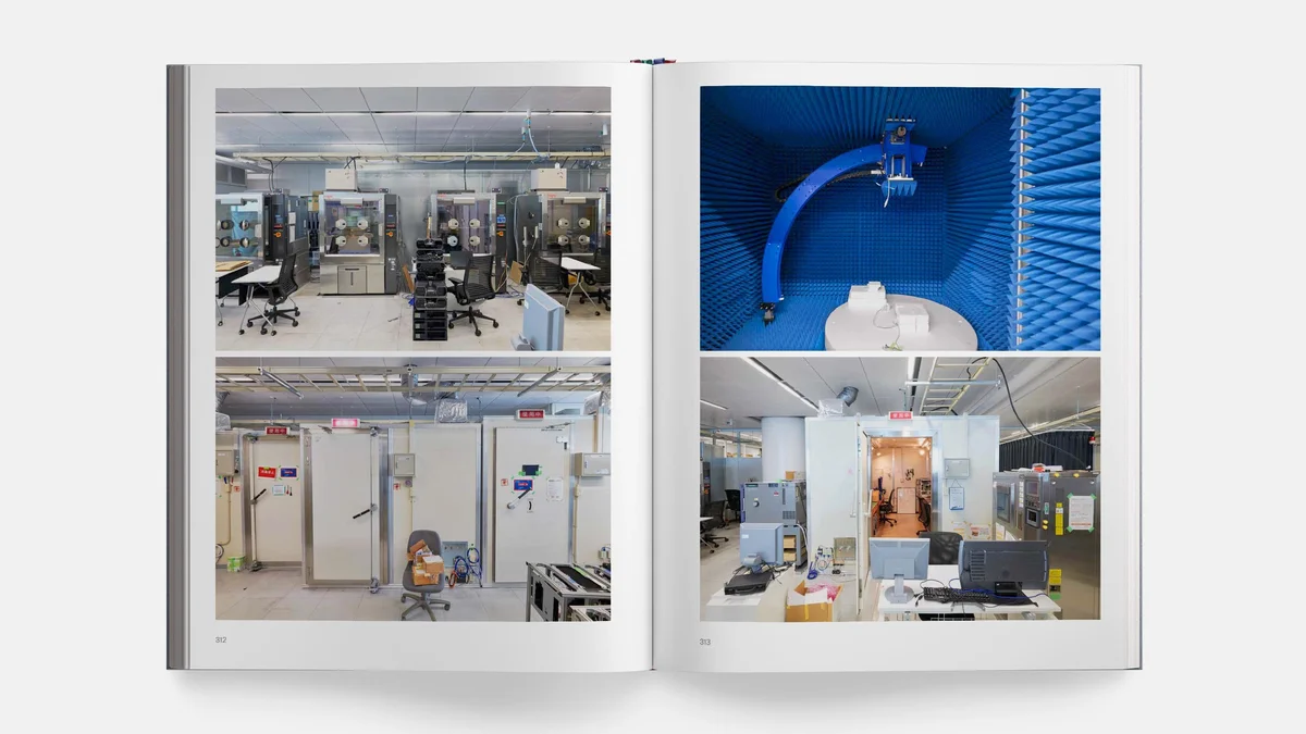 Double-page spread from PlayStation The First 30 Years featuring Sony R&D laboratories and anechoic test chambers photographed by Benedict Redgrove