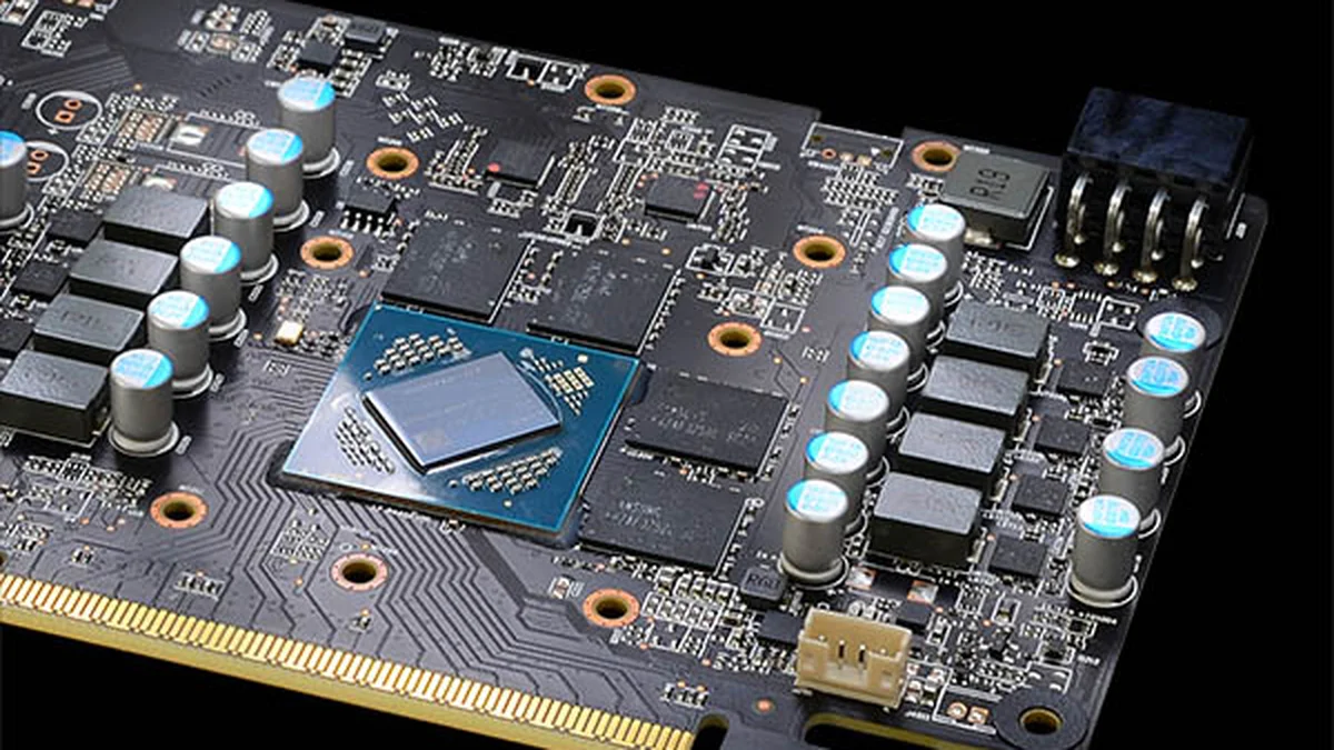 PowerColor Radeon RX 9050 PCB layout showing Navi 44 GPU die, GDDR6 memory modules, and 8-pin PCIe power connector