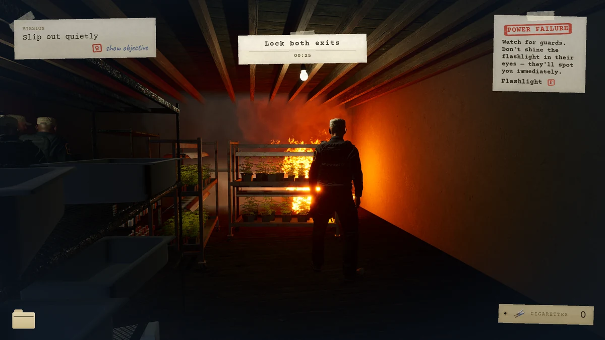 Gameplay screenshot of PROCEDURE ZERO showing a fire distraction inside the prison storeroom