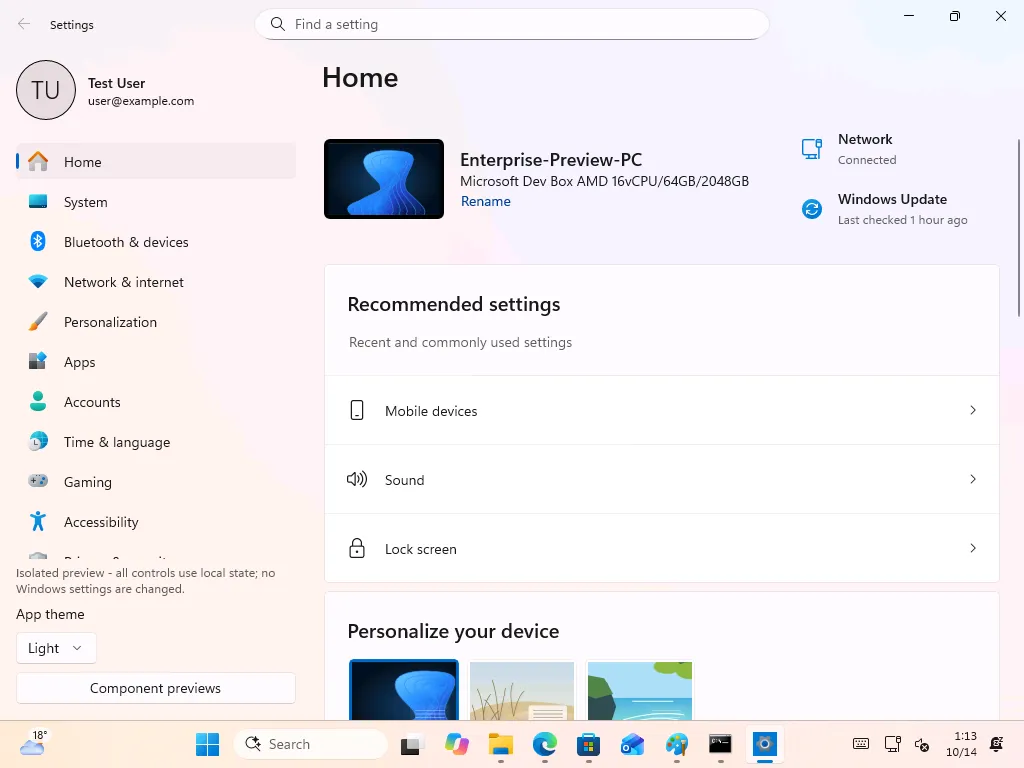 Project Odeon Windows 11 Settings app isolated preview