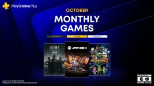 Official PlayStation Plus October 2026 monthly games lineup featuring F1 25, Hunt Showdown 1896 and Earth Defense Force World Brothers 2