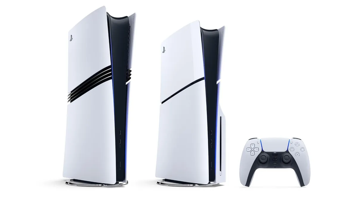 PlayStation 5 Pro next to PS5 Slim and DualSense controller
