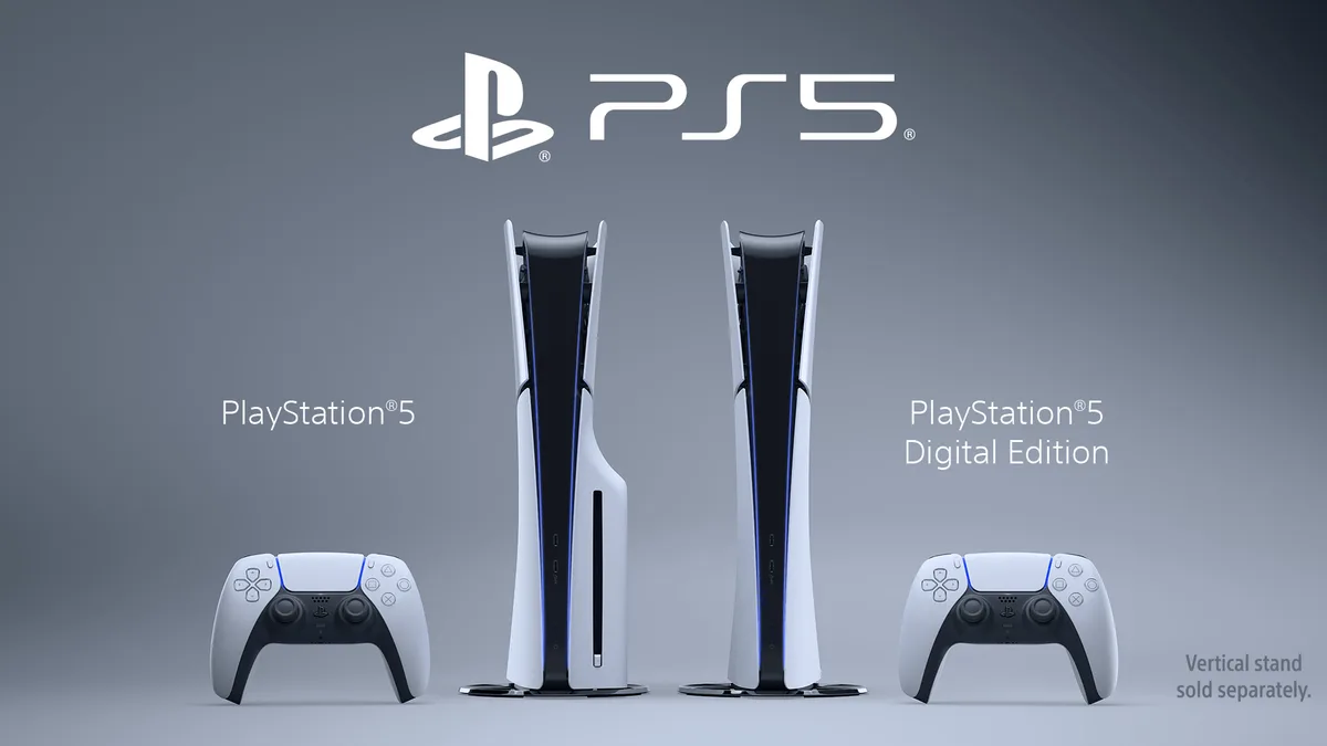 PlayStation 5 Slim with detachable 4K Ultra HD Blu-ray Disc Drive next to the PS5 Digital Edition