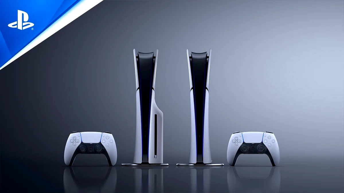 PlayStation 5 Slim Digital Edition and Standard console with DualSense controllers