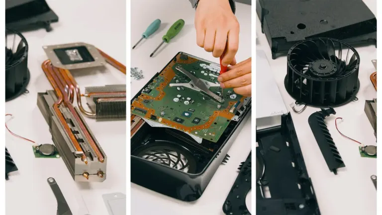Official Sony PlayStation motherboard PCB, GDDR memory chips, and copper cooling assembly teardown