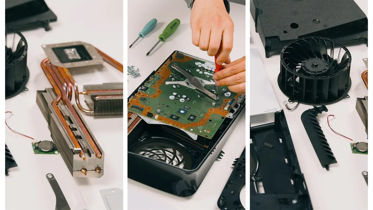 Official Sony PlayStation motherboard PCB, GDDR memory chips, and copper cooling assembly teardown