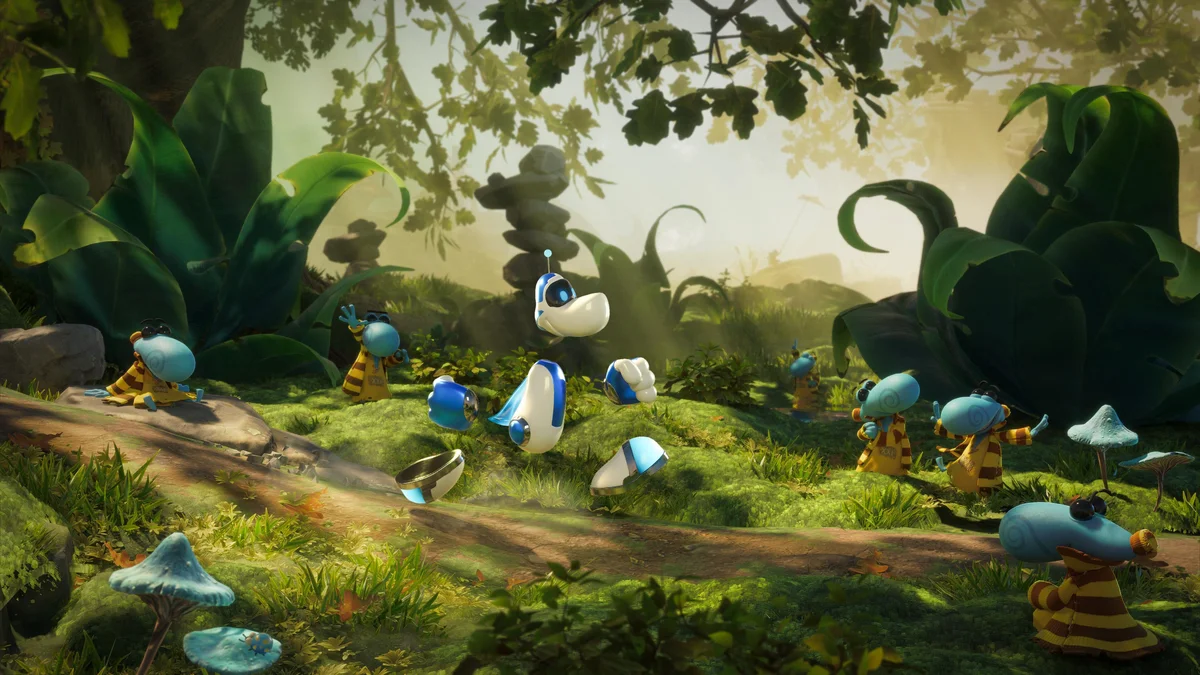 Rayman in the Astro Bot costume jumping among Teensies in Rayman Legends Retold on PS5