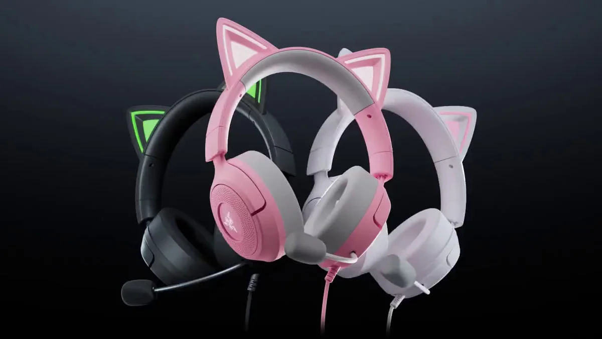 Razer Kraken Kitty V3 gaming headset showcasing stream-reactive Chroma RGB kitty ears and earcups
