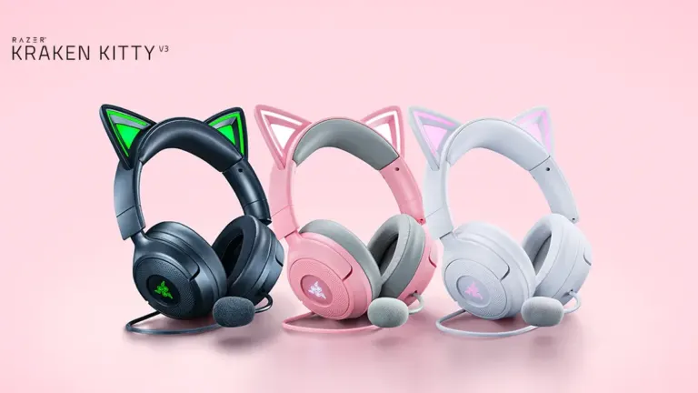 Razer Kraken Kitty V3 wired USB-C RGB gaming headset in Black, Quartz, and White