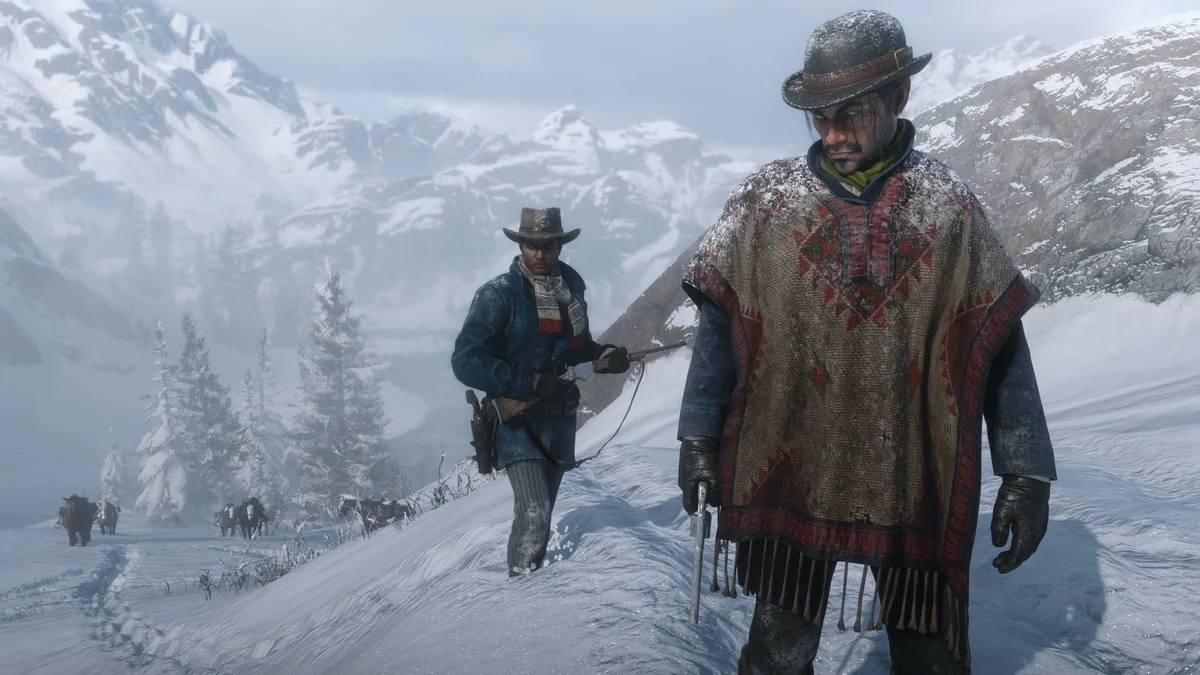 Red Dead Redemption 2: Realistic Weapon Loadout and Winter Conditions (Rockstar Games) Javier Escuella and Charles Smith armed in the snow with horses in Red Dead Redemption 2