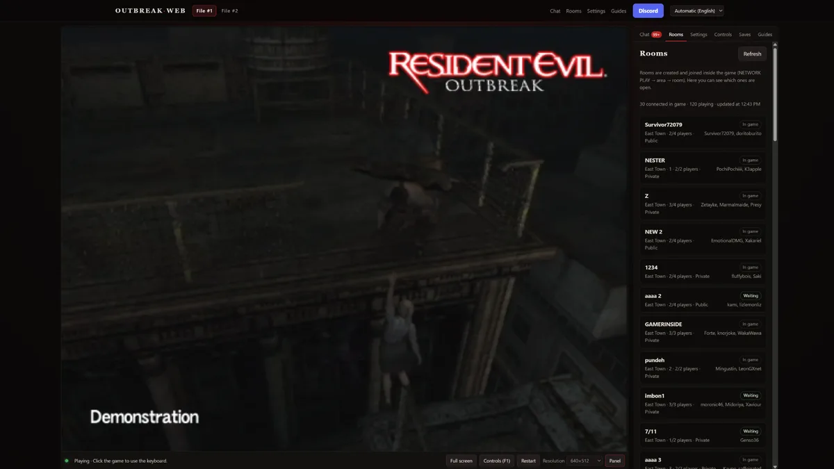 Screenshot of OutbreakWeb Resident Evil Outbreak browser version showing online rooms and gameplay