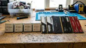 AMD Ryzen 9 processors and DDR4 RAM sticks salvaged from electronics recycling