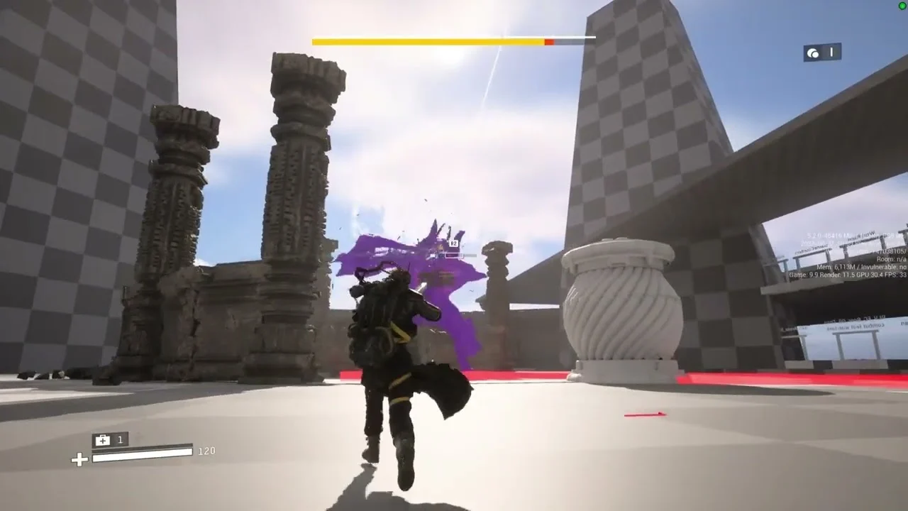 Saros on PS5 bullet-hell combat phase and shield mechanics against an Overlord of Carcosa