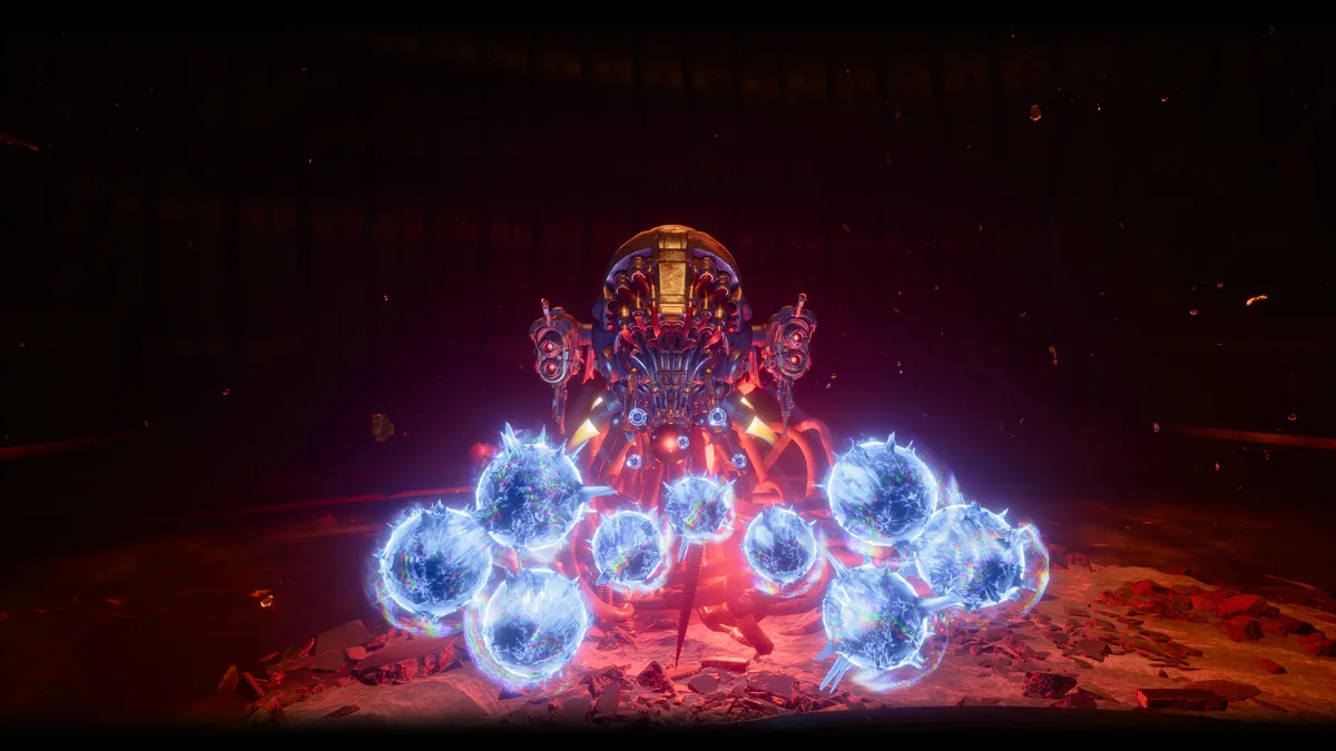 Arjun Devraj battling cosmic enemies and projectiles on Carcosa in Saros on PS5