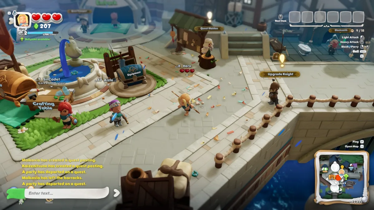 Scramble Knights Online Town Square social hub with blacksmith, crafting table and quest board