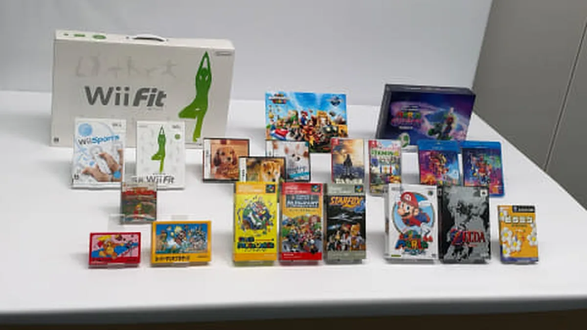 Historical creations by Shigeru Miyamoto displayed at Nintendo headquarters in Kyoto including Super Mario 64, Zelda Ocarina of Time, and Pikmin 4