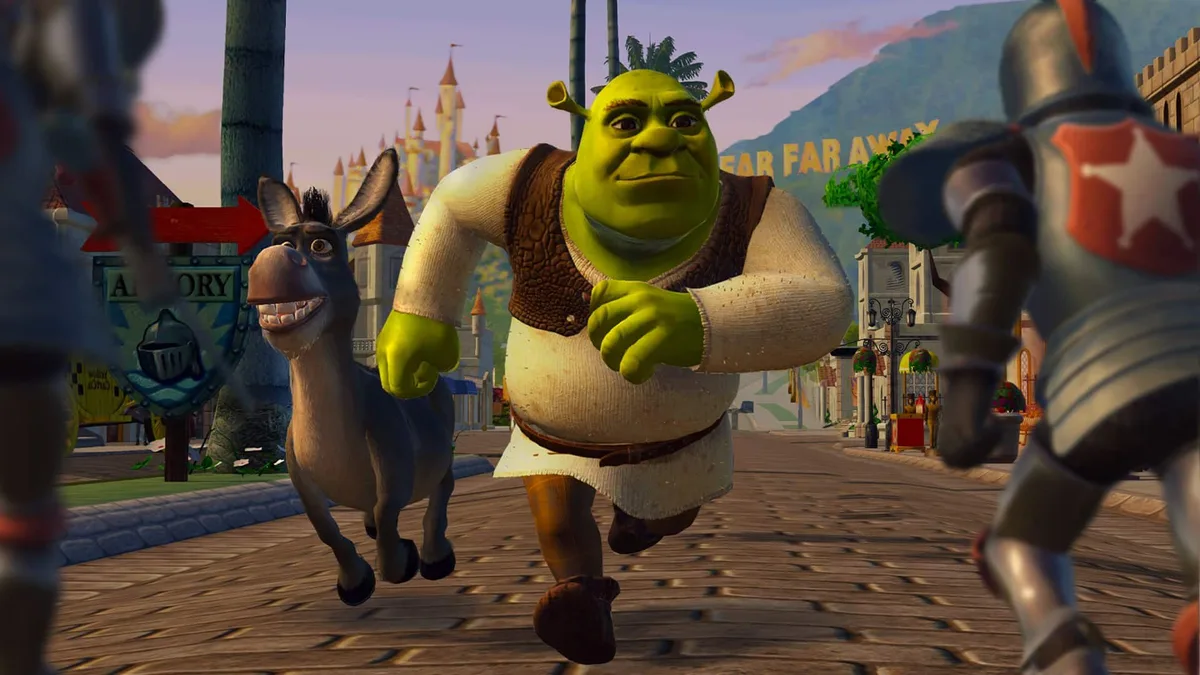 Shrek and Donkey running from guards through the streets of Far Far Away in 4K in Shrek 2 Remastered