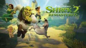 Shrek 2 Remastered official key art featuring Shrek, Donkey, Princess Fiona, Puss in Boots, and Gingerbread Man