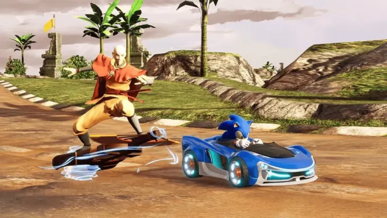 Aang Katara and Sonic on Lion Turtle Island in Sonic Racing CrossWorlds