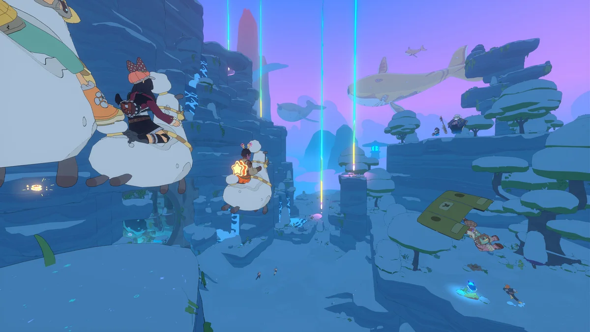 Spirit Crossing gameplay showing players riding flying fluffalos across the Crosslands on Switch 2 and PC