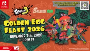 Official Splatoon 3 Golden Egg Feast 2026 Salmon Run tournament banner for Nintendo Switch 2 and Nintendo Switch