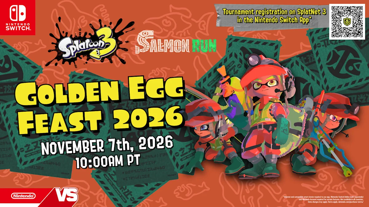 Official Splatoon 3 Golden Egg Feast 2026 Salmon Run tournament banner for Nintendo Switch 2 and Nintendo Switch