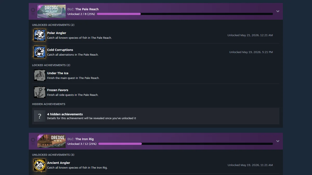 Purple DLC Achievement Sets in Dredge for The Pale Reach and The Iron Rig expansions on Steam